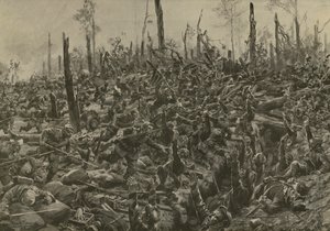 Tysk angrep på franske blokkhus og skyttergraver i Bois-le-Pretre etter artilleribombardementet 5. juli 1915 (litho) av Hans W. (after) Schmidt