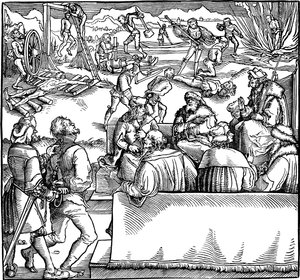 Rettsmøte. Illustrasjon fra boken Phisicke Against Fortune av Petrarch, 1532 av Hans Weiditz the Younger