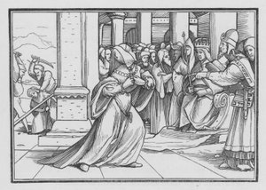Athaliah som presser seg frem inn i templet blir grepet og drept, 2. Konge XI, 14 av Hans after Holbein the Younger