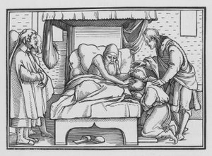 Jakob velsigner Josef og hans to sønner, 1. Mosebok XLVIII, 14 av Hans after Holbein the Younger