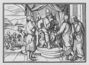 Farao Chideth Moses og Aron for deres budskap, Exodus V, 2 av Hans after Holbein the Younger