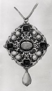 Design for et anhengsett med rubin, safirer og perler (penn og svart blekk, vask og wc på papir) av Hans attr. to Holbein the Younger