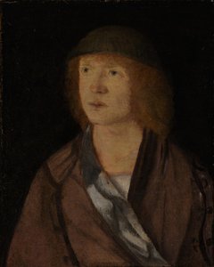 Portrett av en ung mann, omvendt jente som lager en krans, ca. 1508.