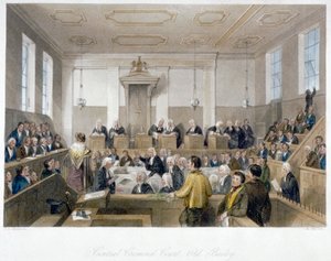 Inne i Central Criminal Court, Old Bailey, med en domstol i møte, City of London, 1840