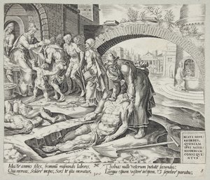 Salige er de barmhjertige. Tobit begraver de døde, kler de nakne og mater de sultne av Harmen Jansz. Muller