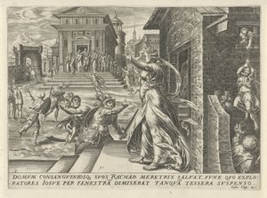Rahab lar spionene rømme gjennom vinduet The History of Joshua (serietittel) av Harmen Jansz Muller