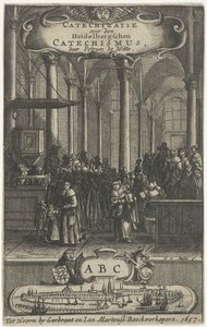 Kirkens interiør Tittelside for: P. de Witte, Katekisering om Heidelbergschen-katekismus, 1657 av Harmen de Mayer