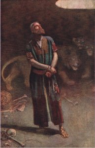 Daniel i løvehulen, illustrasjon fra Pictures That Teach The Crown Series, 1920 av Harold Copping