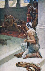 David spiller foran Saul, illustrasjon fra Pictures That Teach The Crown Series, 1920 av Harold Copping