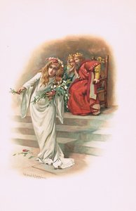 Ophelia med kongen og dronningen, illustrasjon fra Hamlet av Harold Copping