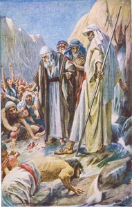 The smiting of the rock, illustrasjon fra Pictures That Teach The Crown Series, 1920 av Harold Copping