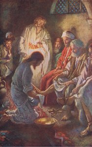 Vasking av disiplenes føtter, illustrasjon fra Harold Copping Pictures: The Crown Series, ca. 1920-tallet av Harold Copping