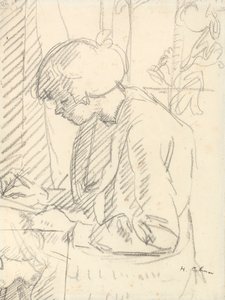 En jente som skriver (svart kritt på papir) av Harold Gilman