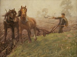 Mann som pløyer en åker