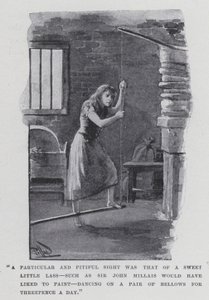 "Et spesielt og ynkelig syn var det av en søt liten jente, slik som Sir John Millais ville ha likt å male, danse på et par belg for tre pence om dagen" (s/h-bilde) av Harold Hume Piffard