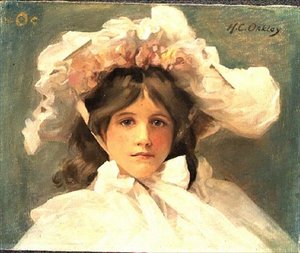 Jente i en Edwardian Bonnet (olje på lerret)