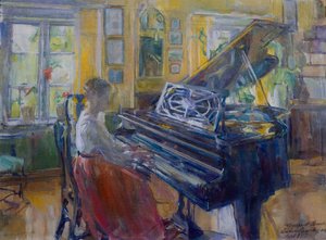 Musikk, interiør fra Loiten prestegård av Harriet Backer