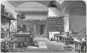 Michael Faraday (1791-1867) i kjellerlaboratoriet hans, fra Henry Bence Jones 