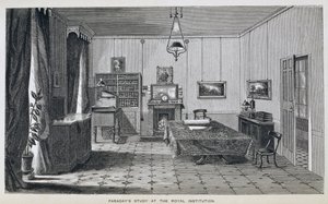 Michael Faradays studie i andre etasje ved The Royal Institution, fra Henry Bence Jones 