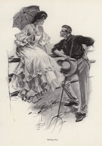 En bonde tar en pause i arbeidet sitt for å flørte med en ung kvinne (litho) av Harrison Fisher