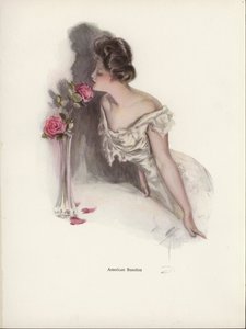 Amerikansk kvinne som lukter rosa roser i en vase (farge litho) av Harrison Fisher