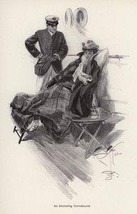 Kaptein om bord på et skip snakker med en kvinne som er rekonvalesent (litho) av Harrison Fisher