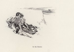 Par i en romantisk omfavnelse i en bunker på golfbanen (litho) av Harrison Fisher
