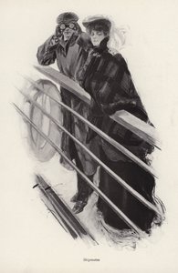 Mann og kvinne ser ut over rekkverket til et skip (litho) av Harrison Fisher