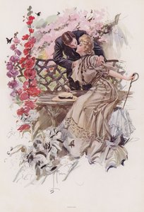 Mann kysser en kvinne i en hage (farge litho)