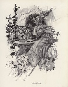 Mann kysser en kvinne i en hage (litho) av Harrison Fisher