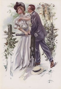 Mann prøver å stjele et kyss fra en ung kvinne (farge litho)
