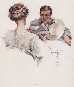 Mann som venter på at en kvinne skal betro en hemmelighet til ham (farge litho) av Harrison Fisher