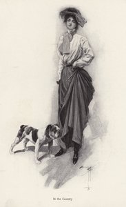 Portrett av en kvinne kledd for landsbygda med sin bulldog (litho) av Harrison Fisher
