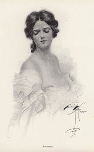Portrett av en kvinne ved navn Rosamond (litho) av Harrison Fisher