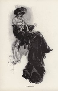Portrett av en ung kvinne i en lang frakk og kjole (litho) av Harrison Fisher
