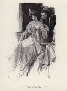To karakterer, Desmond Ellery og grevinnen Frina Mavrodin fra romanen, The Princess Moritza, av Percy Brebner (litho) av Harrison Fisher