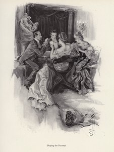 To par spiller kort på en kveldsfest (litho) av Harrison Fisher