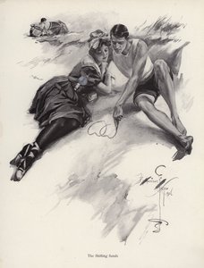 To elskere som tegner hjerter i sanden på stranden (litho) av Harrison Fisher