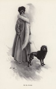 Kvinne i lang frakk med puddel (litho) av Harrison Fisher
