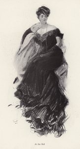 Kvinne i aftenkjole på ball (litho) av Harrison Fisher