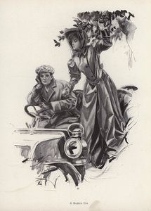 Kvinne plukker epler fra innsiden av en bil (litho) av Harrison Fisher