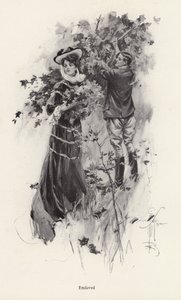 Kvinne plukker blomster med en mannlig beundrer (litho) av Harrison Fisher