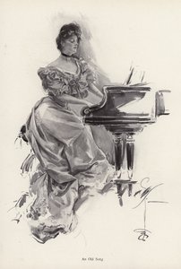 Kvinne spiller en sang på et piano (litho)