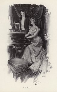 Kvinne synger ved pianoet (litho) av Harrison Fisher
