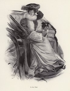 Kvinne sitter i en vogn med hunden sin (litho) av Harrison Fisher