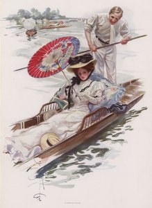 Ung amerikansk kvinne nyter en punttur på en engelsk elv (farge litho) av Harrison Fisher