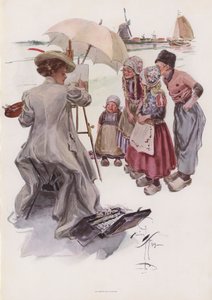 Ung amerikansk kvinne som maler en nederlandsk scene (farge litho) av Harrison Fisher