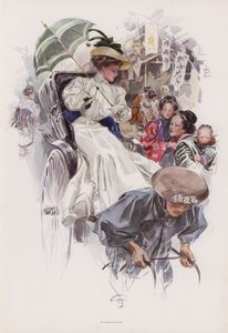 Ung amerikansk kvinne rir i en japansk rickshaw (farge litho) av Harrison Fisher