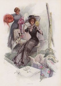 Ung amerikansk kvinne prøver på hatter hos en fransk freser (farge litho) av Harrison Fisher