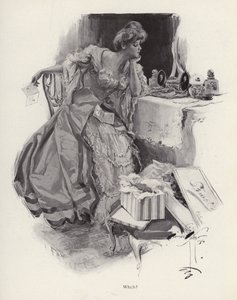Ung kvinne som bestemmer mellom to friere (litho) av Harrison Fisher